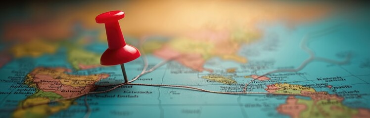 Close-up of red push pin stuck on geographic map with string connecting destinations. Navigation planning, travel route exploration. Minimal concept of global connection, shipping, logistics network.