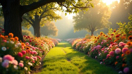 A charming view of a grassy walkway lined with vibrant flowers in a traditional English garden setting.