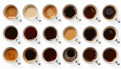 Set of coffee cups with various coffee beverages espresso, cappuccino, latte, black coffee, americano. Hot drinks isolated on transparent background. Top view of different types of coffee drinks.