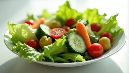 A fresh vegetable salad arranged on a white surface.