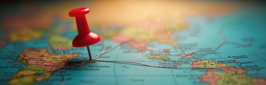 Close-up of red push pin stuck on geographic map with string connecting destinations. Navigation planning, travel route exploration. Minimal concept of global connection, shipping, logistics network.