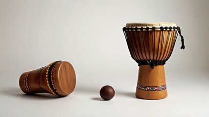 Pair of Wooden Toy Djembe Drums with Beaded Detail Isolated on White Background for Music Education and Cultural Appreciation