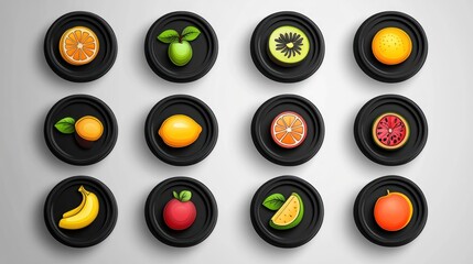 Colorful fruit icons on black plates