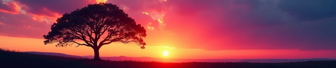 Fototapeta premium A silhouette of a tree against a colorful sunset sky on the horizon, outdoors, dusk, dusk