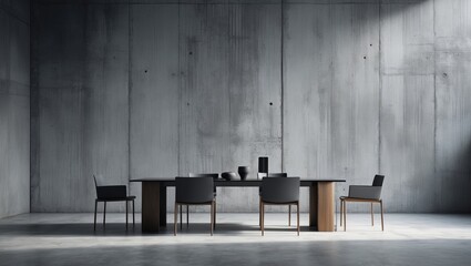 A representation of a contemporary dining area featuring a textured concrete wall backdrop.