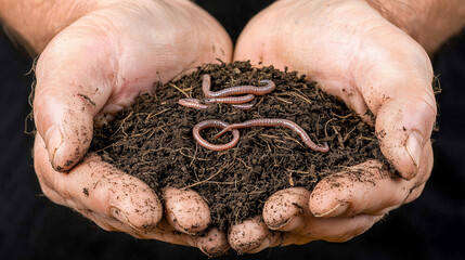 Hands holding rich soil with earthworms, symbolizing healthy soil and organic gardening. image highlights importance of earthworms in soil fertility and sustainable agriculture