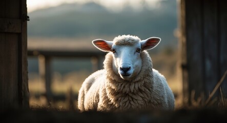 Obraz premium close-up of a white sheep relaxing in a barnyard or farmhouse with selective focus.
