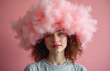 Young curly-haired woman with head in pink cloud on pastel pink background. Mental health, wellbeing concept. Creative blond with bizarre weather, dreamy thoughts, inspiration and stress.