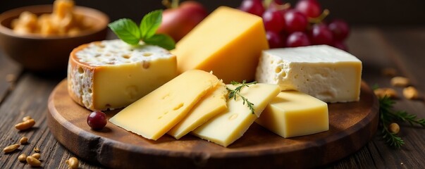 A variety of artisanal cheeses on a wooden board with grapes and nuts, food, board, gourmet