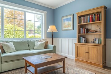 Cozy living room with light-blue walls, light-green sofa, wooden bookcase, and a large window overlooking a garden.