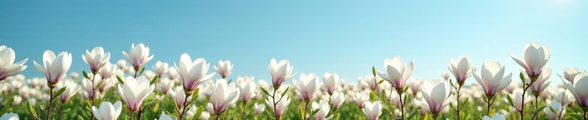 Fototapeta premium Field of blooming white magnolia flowers under a clear blue sky, riot, white, field