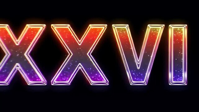 Multi colored inscription roman numerals xxvi with light colored spots floating inside looped alpha channel at the end. 4K footage download