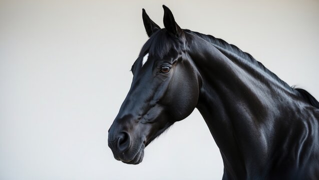 side view of a sleek black horse highlighting its elegant neck and head, set against a white backdrop