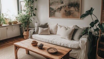 Cozy living room with linen sofa, plants, and artwork.