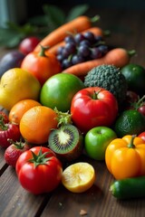 A vibrant assortment of colorful fruits and vegetables on a wooden table, raw, nature, produce