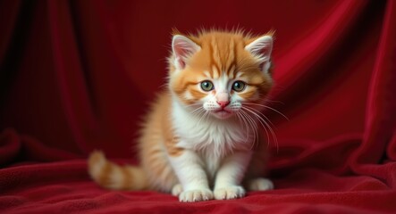 Scottish kitten with red and white fur against a crimson backdrop