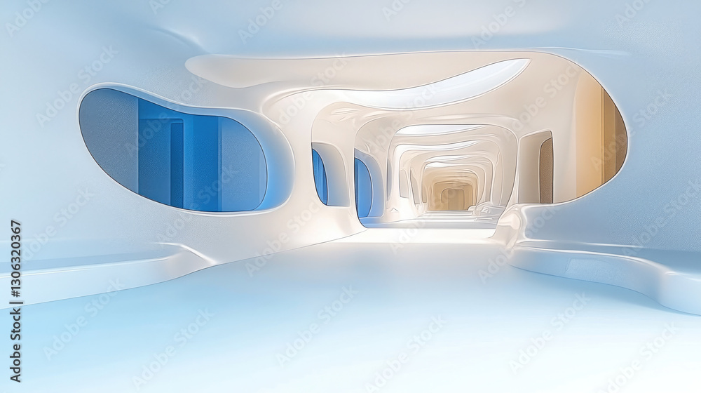 Poster modern, abstract architectural interior featuring smooth, flowing lines and soft colors, creating serene atmosphere