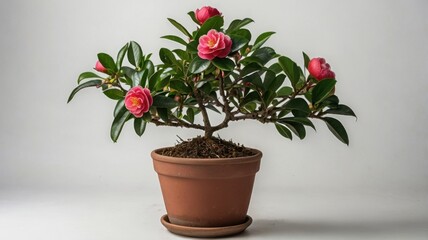 Small Camellia Shrub in Terracotta Pot with Pink Blossoms and Green Leaves on White Background