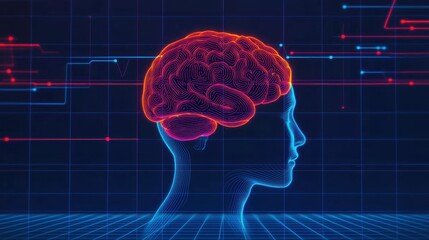 Abstract Brain Representation with Neon Colors and Digital Elements