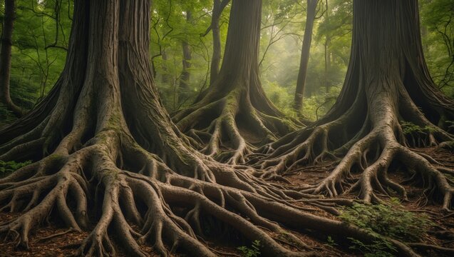 tree roots intertwined in a vibrant forest