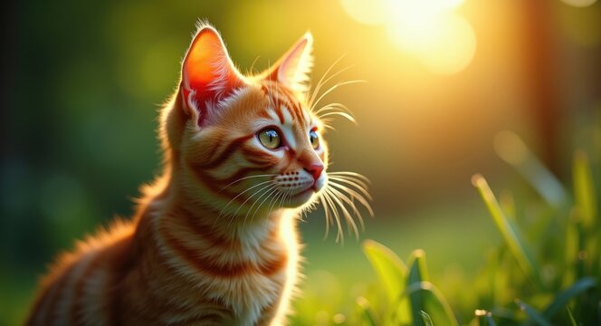 Profile of an orange tabby cat with a soft background and sunlight bokeh. - Powered by Adobe