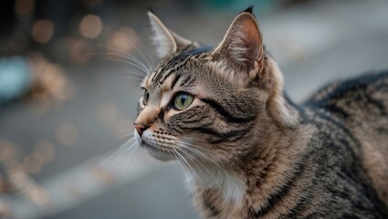 An adorable stray feline. Close-up of its head. Portrait featuring the cat. The cat gazes away.