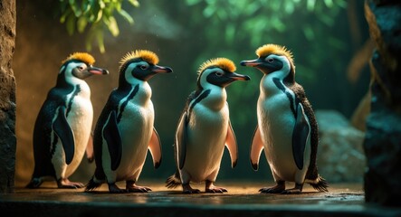 Crested penguins in captivity at the zoo. A group of golden-haired penguins. Schlegel's penguins. Seabirds on display. Ringed wildlife.