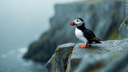 Fototapeta premium puffin bird perched on cliffs of northern Scotland, Europe