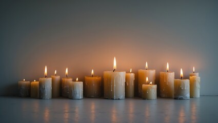 variety of lit candles of varying heights placed against a wall