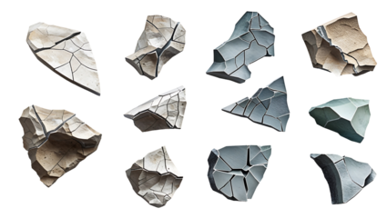 Primitive hunting tools with flaked stone edges, Neolithic weapons and artifacts in an overhead view, isolated on a clean background