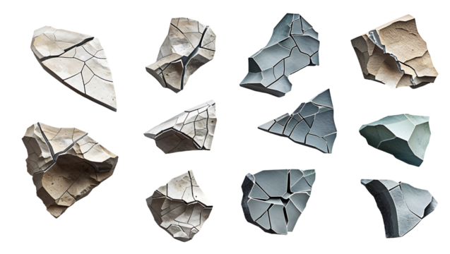 Primitive hunting tools with flaked stone edges, Neolithic weapons and artifacts in an overhead view, isolated on a clean background