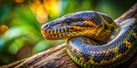 Obraz premium Paraguayan Anaconda Closeup Bokeh | Eunectes notaeus Tree Trunk | Snake Photography