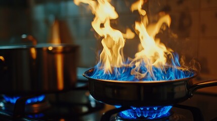 A vibrant display of flames dances in a frying pan as food cooks on a stovetop, while a pot quietly simmers beside it, highlighting the beauty of home cooking