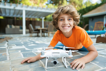 Teen successfully fixes a broken drone, smiling wide while testing flight in backyard garden