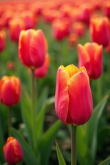 Obraz premium Close-up of vibrant field of tulips in spring, bright, picturesque