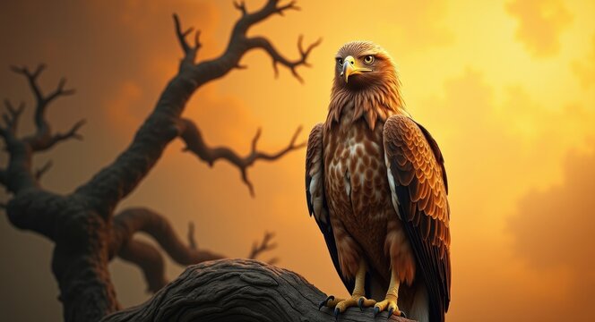 depiction of a golden eagle perched on a branch of a tree
