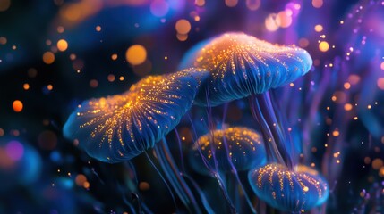 Obraz premium Glowing mushrooms, fantasy forest, magical night, bokeh background, digital art