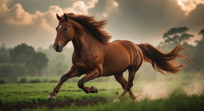 image of a beautiful chestnut Marwari mare sprinting gracefully in a paddock in India.