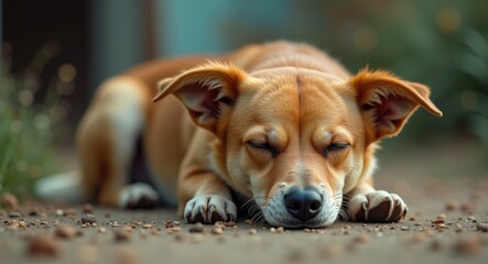 A brown dog is resting on the ground, peacefully asleep. A sleeping canine. A Russell mix dog is dozing on the surface.