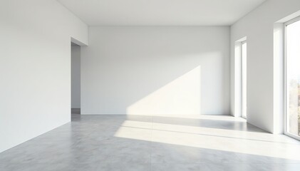 Minimalist white room with polished concrete floor, contemporary, design, modern