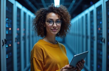 Portrait of female engineer in eyeglasses holding digital tablet in server room with data racks. IT pro works with information, equipment, solves problems in datacenter, provides security and support.