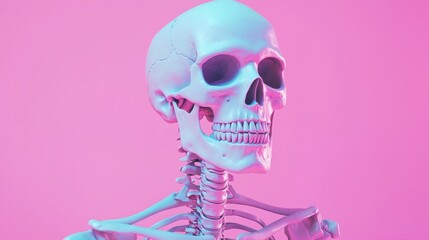 Anatomical Skeleton Against Pink Background in Contemporary Style