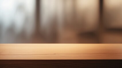 wooden surface blurred backdrop unoccupied tabletop. Brown wood angle with softness at a store, suitable for showcasing or featuring your products. template for item display.
