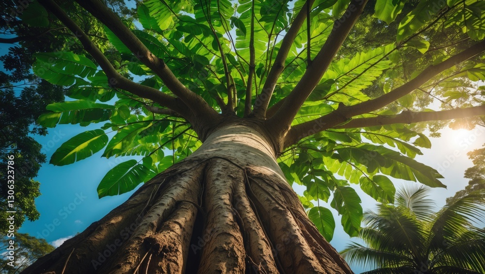 Canvas Prints perspective from the base of a massive tree trunk upwards towards its lush green foliage in a sunlit