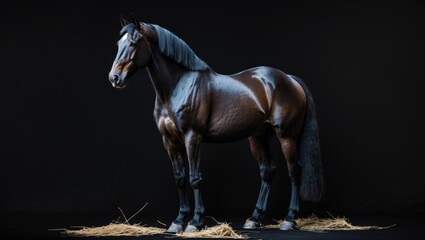 depiction of an exquisite dark horse standing near hay against a black backdrop
