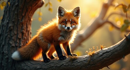 Obraz premium young orange fox perched on a tree branch
