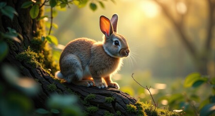 Fototapeta premium bunny perched on a tree log. lovely rabbit.