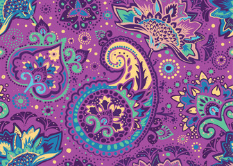 Seamless paisley pattern in Oriental style with floral and ethnic motifs for printed fabric, wallpaper, and packaging