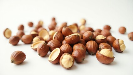 Fototapeta premium Chopped hazelnuts scattered on a light background.