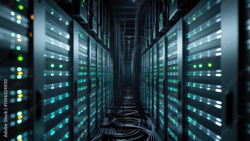 Poster digital data storage facility; server room for cloud computing. connectivity across server farms is 